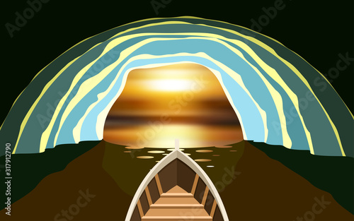 boat in the cave at the sea in morning	