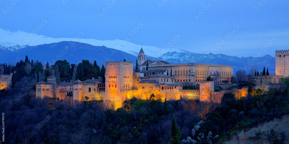 Panoramic Night Shot of the Beautiful and Impressive Complex of Al Hambra in Granada, Andalusia, Spain