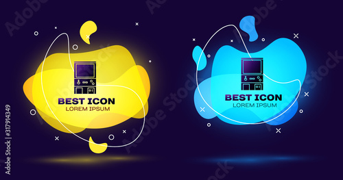 Black Retro arcade game machine icon isolated on blue background. Set abstract banner with liquid shapes. Vector Illustration