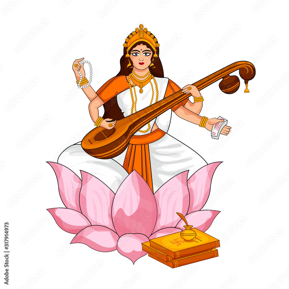Beautiful Goddess of Wisdom, music, art and knowledge Maa Saraswati sketch  illustration on the indian festival background vasant panchami. Stock  Vector | Adobe Stock