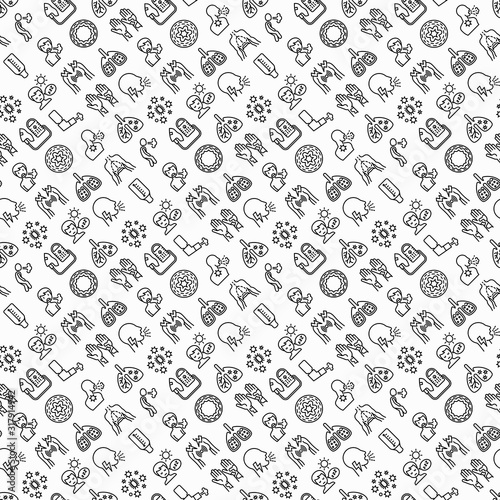 Asthma seamless pattern with thin line icons: allergen, dyspnea, cough, wheezing, chest pain, diaphragm, asthma attack, hives, sputum, peak flow meter, inhaler, nebulizer. Modern vector illustration.