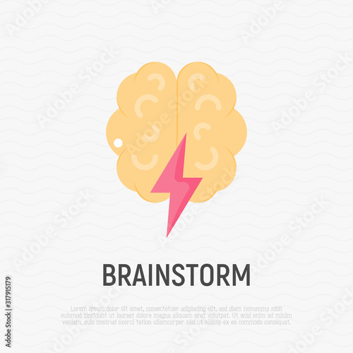 Brainstorm flat icon: brain with flash. Creativity, inspiration, imagination. Modern vector illustration.