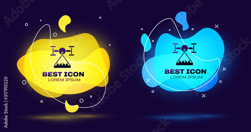 Black Smart farm with drone control collects harvest icon isolated on blue background. Innovation technology for agricultural company. Set abstract banner with liquid shapes. Vector Illustration