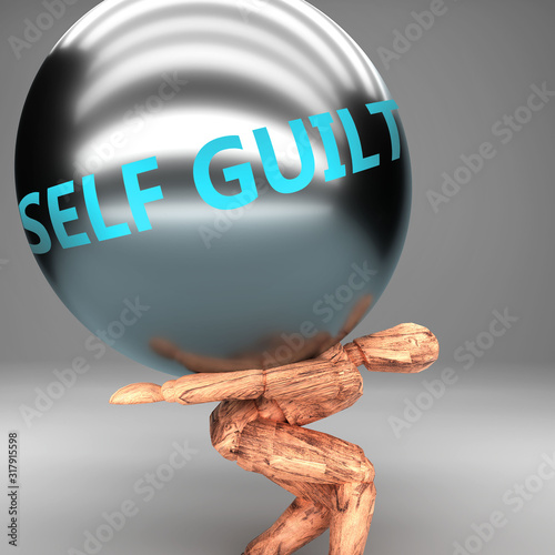 Self guilt as a burden and weight on shoulders - symbolized by word Self guilt on a steel ball to show negative aspect of Self guilt, 3d illustration
