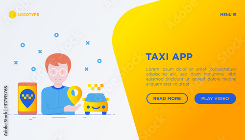 Man using taxi app on smartphone. Web page template with copy space. Vector illustration in flat style.