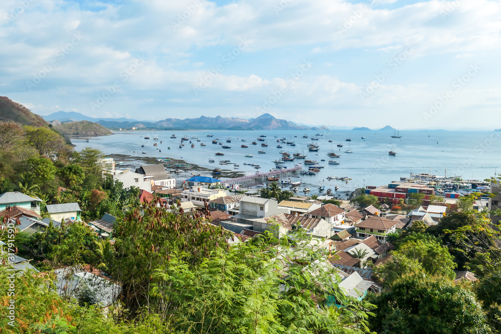 Fototapeta premium Widok na port ze szczytu wzgórza w Labuan Bajo, Flores, Indonezja. Do jego brzegu zakotwiczonych jest wiele łodzi. Z tyłu jest kilka wysp. Małe miasto z przodu. Szczęście i piękno