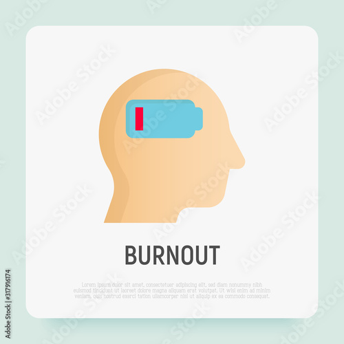 Burnout syndrome flat icon: low battery in human head. Tiredness, fatigue, stress. Modern vector illustration.