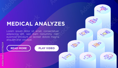 Medical analyzes web page template with thin line isometric icons: blood test, urine test, stool, ECG, mammography, sperm, DNA, ultrasound, EEG, X-ray,. Vector illustration for laboratory or clinic.