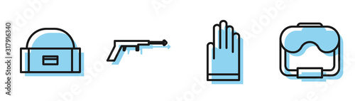 Set line Gloves, Case or box container for wobbler, Fishing harpoon and Diving mask icon. Vector