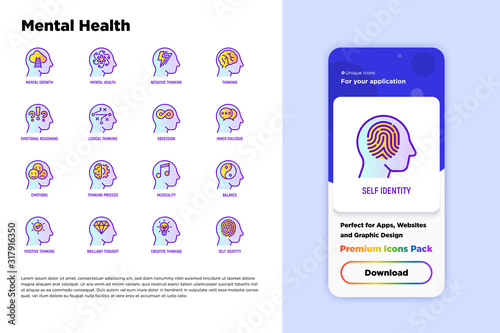 Mental health thin line icons set: mental growth, negative thinking, emotional reasoning, logical plan, obsession, self identity. Vector illustration for mobile user interface.