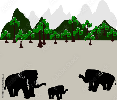 Thai mother-child elephant family, And forestry mountains, vector illustration