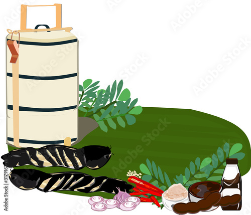 Thai Food carrier and seasoning, grilled catfish, tamarind fish sauce, dried chilli, onion, Asian food from herbs