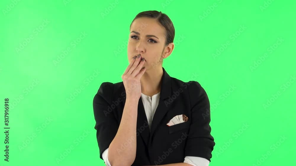 Woman thinks about something, no idea. Green screen Woman thinks about something, no idea. Green screen