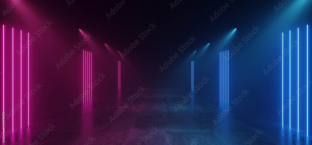 Neon Club Dance Night Tunnel Corridor Sci Fi Futuristic Pillars GLowing Purple Blue On Concrete Grunge Floor Spot lIghts Hallway Garage 3D Rendering Neon Club Dance Night Tunnel Corridor Sci Fi Futuristic Pillars GLowing Purple Blue On Concrete Grunge Floor Spot lIghts Hallway Garage 3D Rendering