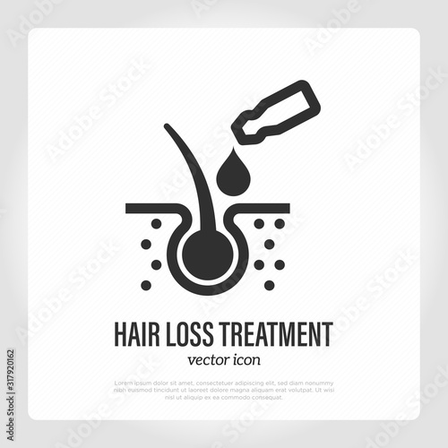 Hair loss treatment thin line icon. Ampoule drops in hair follicle. Alopecia prevention. Trichology. Healthcare and medical vector illustration.
