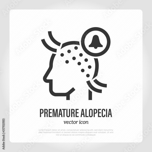 Premature alopecia thin line icon. Hair loss. Bald place on scalp and alarm sign. Vector illustration.
