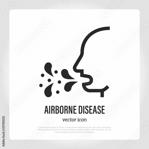 Airborne disease thin line icon. Cough, symptom of adenovirus, flu, influenza, allergy. Vector illustration.