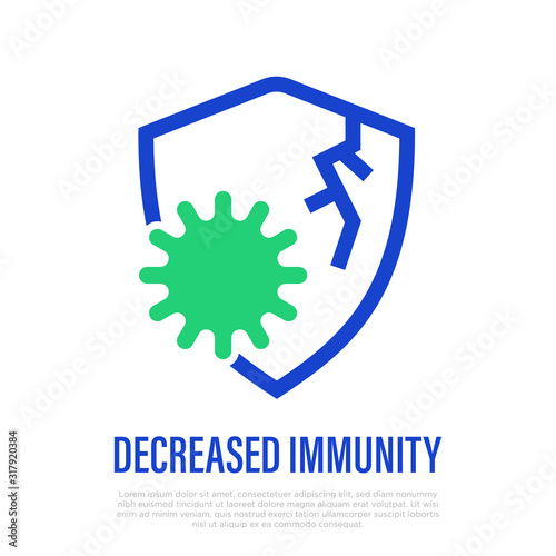 Decreased immunity: shield is hacked by bacteria. Thin line icon. Healthcare and medical vector illustration.