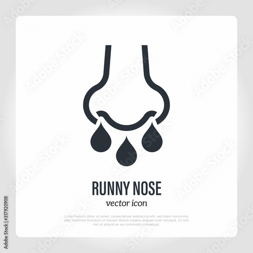 Runny nose: symptom of flu, influenza or allergy. Thin line icon. Healthcare and medical vector illustration.