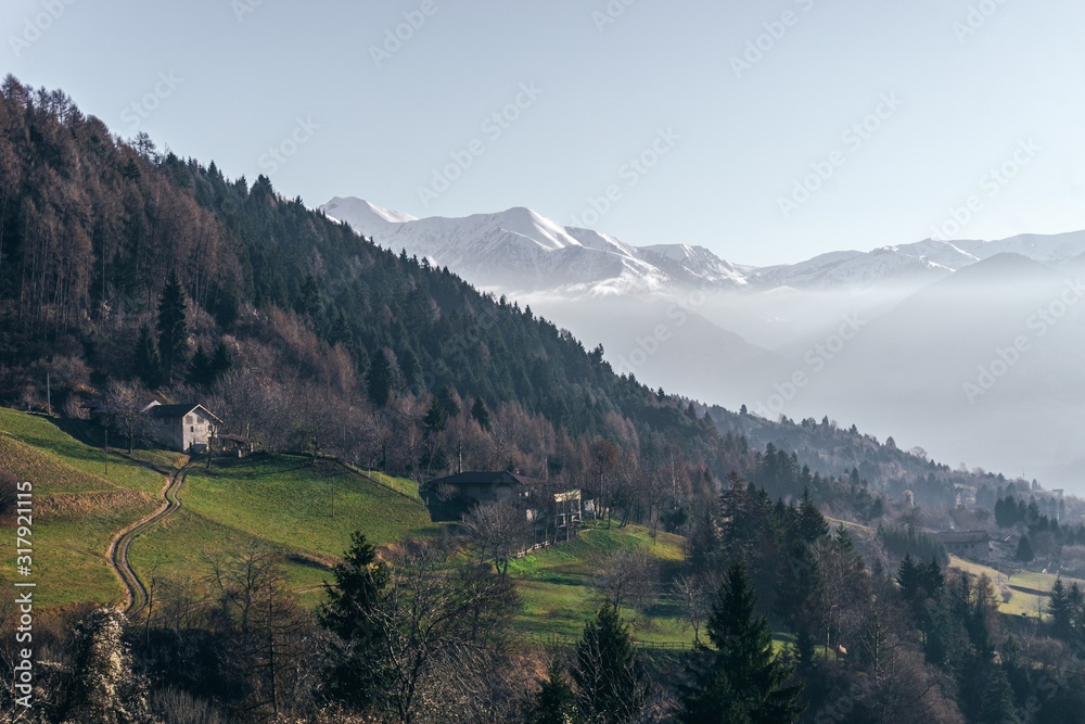 The snowy mountains, the woods and the mountain pastures during a fantastic winter day, near the town of Borno, Italy - December 2019.