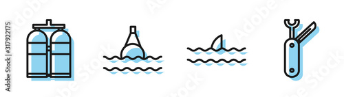 Set line Shark fin in ocean wave, Aqualung, Floating buoy on the sea and Swiss army knife icon. Vector