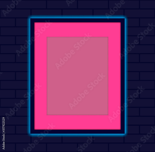 Purple neon empty frame on dark blue wall, vector illustration