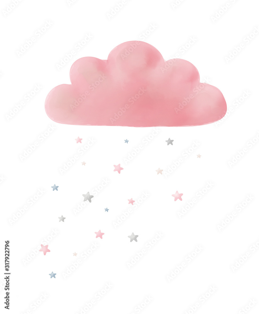 Cute Fluffy Pink Cloud with Pink, Gray and Gold Stars. Lovely Nursery Art with Watercolor Cloud and Rain of Stars. Funny Illustration for Card, Poster, Invitation, Baby Shower, Girls Room Decoration.