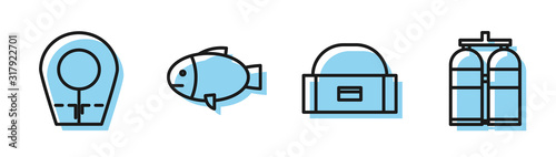 Set line Case or box container for wobbler, Diving hood, Fish and Aqualung icon. Vector