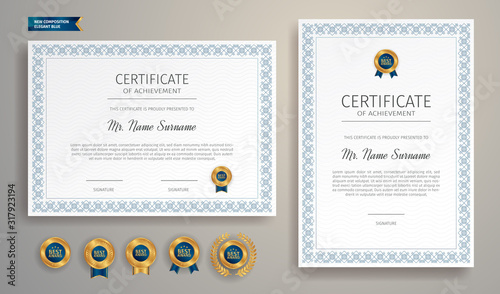 Premium gold and blue certificate of appreciation template, clean modern design with gold badge
