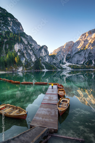 Landscape of beautiful Italian mountain lake Lago di Braies