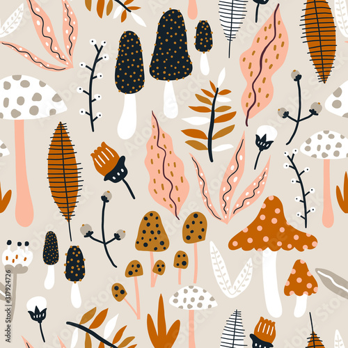 Seamless woodland pattern with mushrooms and floral elements. Creative autumn texture for fabric, wrapping, textile, wallpaper, apparel. Vector illustration
