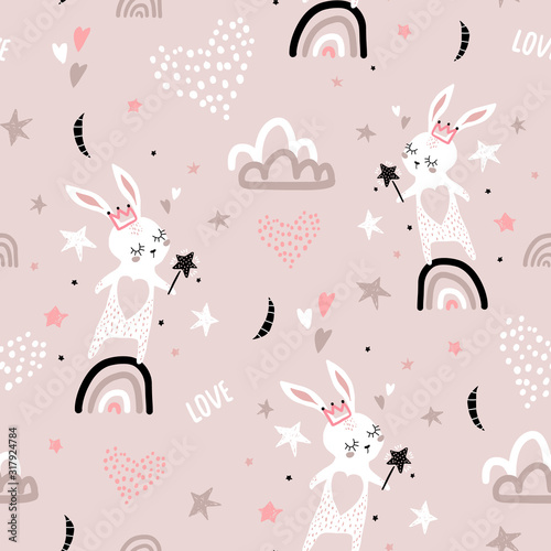 Seamless childish pattern with bunny princess on rainbow. Creative kids texture for fabric, wrapping, textile, wallpaper, apparel. Vector illustration