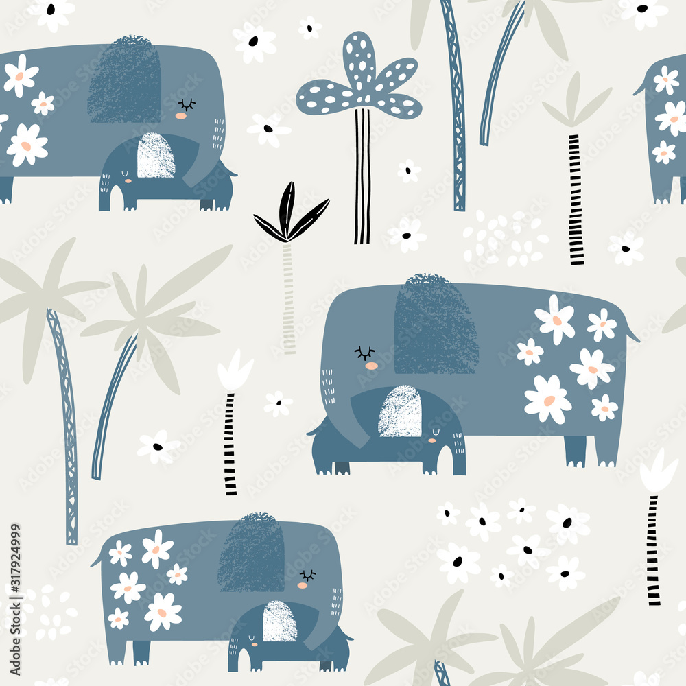 Seamless pattern with cute mom and baby elephant, palm trees and ...