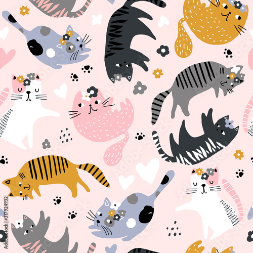 Seamless childish pattern with cute girl cats . Creative kids hand drawn texture for fabric, wrapping, textile, wallpaper, apparel. Vector illustration
