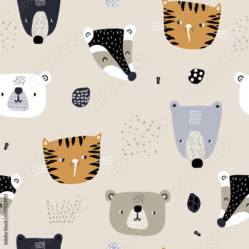 Seamless childish pattern with cute animal faces and hand drawn textures. Creative kids hand drawn texture for fabric, wrapping, textile, wallpaper, apparel. Vector illustration