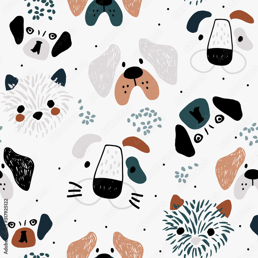 Fototapeta Childish seamless pattern with colorful dachshunds . Trendy scandinavian vector background. Perfect for kids apparel,fabric, textile, nursery decoration,wrapping paper