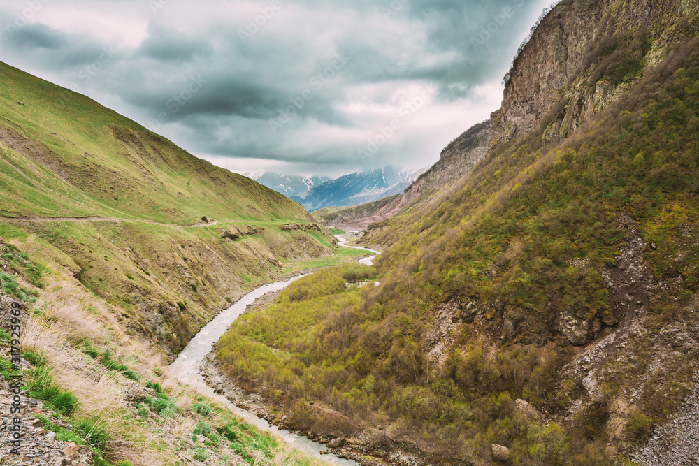 Spring Landscape With River Terek Near Ketrisi Village In Kazbegi District, Mtskheta-Mtianeti Region, Georgia Spring Landscape With River Terek Near Ketrisi Village In Kazbegi District, Mtskheta-Mtianeti Region, Georgia