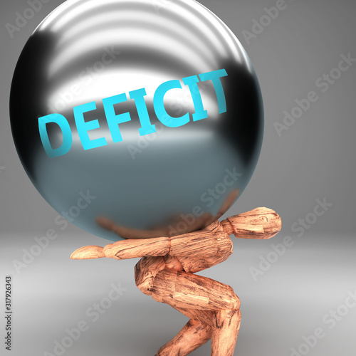 Deficit as a burden and weight on shoulders - symbolized by word Deficit on a steel ball to show negative aspect of Deficit, 3d illustration photo