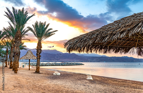 Morning on public beach in Eilat, Israel
