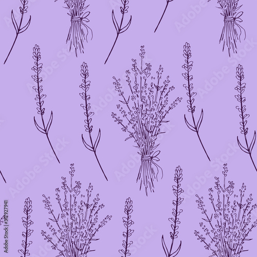 Seamless pattern lavender flowers on lilac background. Vector illustration.
