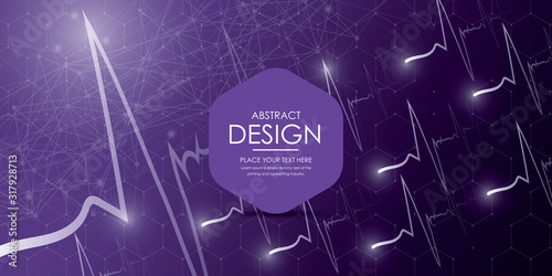 Medical cardio template with cardiogram in digital style on dark purple background