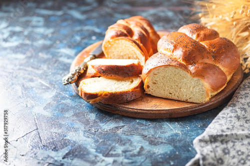 Homemade challah bread, selective focus. Traditional bread. photo