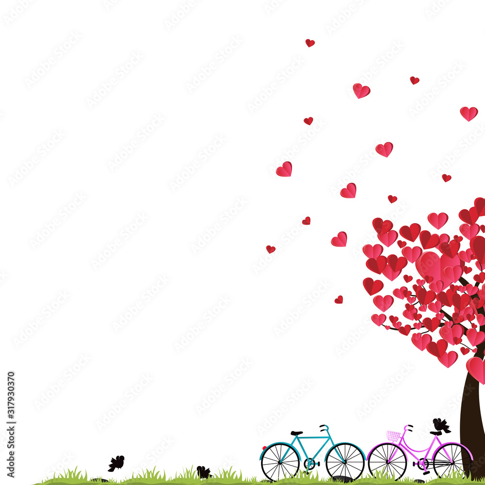 Valentine's day background with a bike and a tree made out of hearts. Vector. paper art and digital craft style.