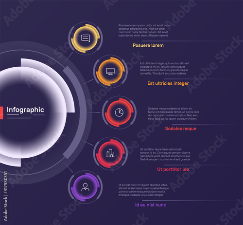 Vector infographic round chart template on a deep blue background. Five options