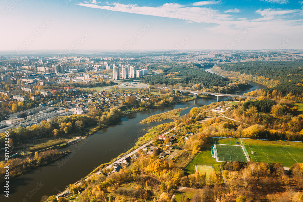 Fototapeta premium Grodno, Belarus. Aerial Bird's-eye View Of Hrodna Cityscape Skyline. Residential District In Sunny Autumn Day