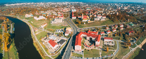 Grodno, Belarus. Aerial Bird's-eye View Of Hrodna Cityscape Skyline. Famous Popular Historic Landmarks In Sunny Autumn Day. Panorama, Panoramic View