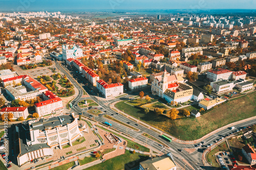 Fototapeta Naklejka Na Ścianę i Meble -  Grodno, Belarus. Aerial Bird's-eye View Of Hrodna Cityscape Skyline. Famous Popular Historic Landmarks In Sunny Autumn Day