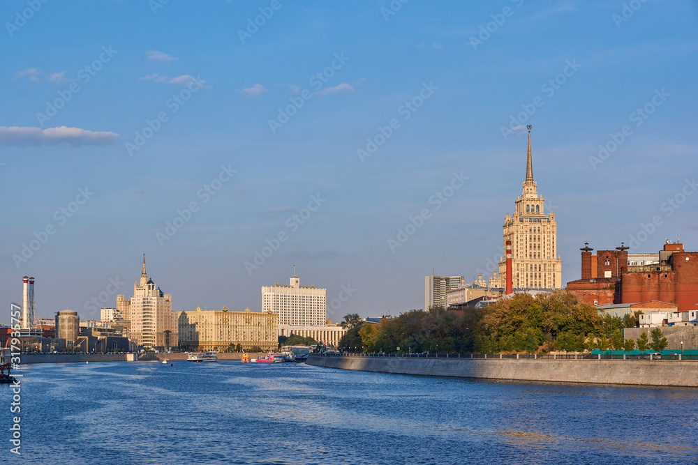 Moscow, Russia - September 12, 2019: Moscow river, view of the historic city center