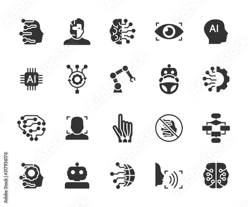 Vector set of artificial intelligence flat icons. Contains icons of chip, algorithm, robot, brain, machine learning, autopilot, face recognition and more. Pixel perfect, scalable 24, 48, 96 pixels.