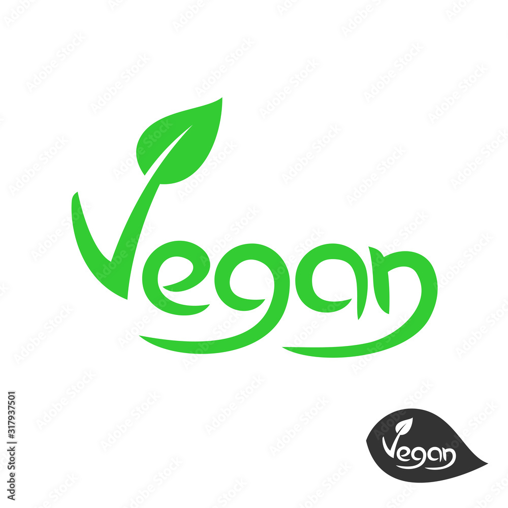 Vegan text logo with grean leaf on V letter. Plant based vegetarian food concept symbol. Vegan text logo with grean leaf on V letter. Plant based vegetarian food concept symbol.